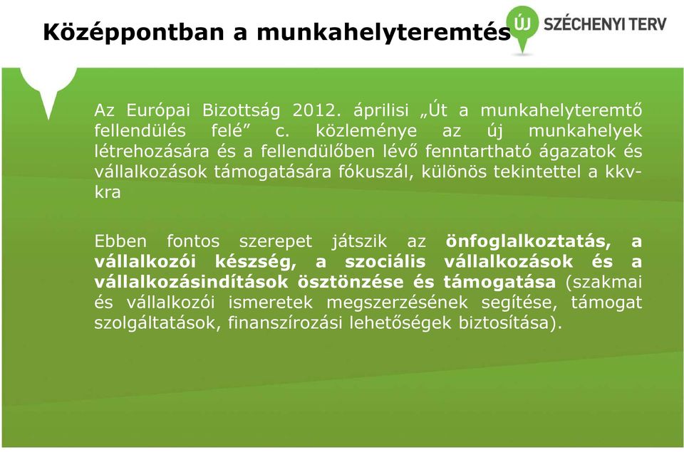 különös tekintettel a kkvkra Ebben fontos szerepet játszik az önfoglalkoztatás, a vállalkozói készség, a szociális vállalkozások és a