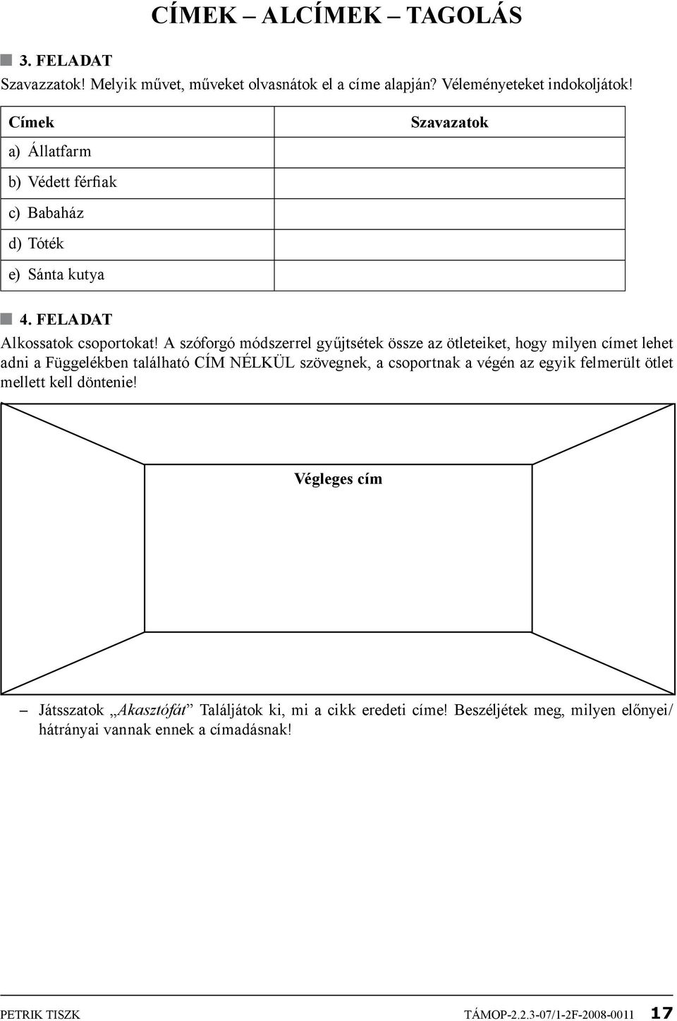 A szóforgó módszerrel gyűjtsétek össze az ötleteiket, hogy milyen címet lehet adni a Függelékben található CÍM NÉLKÜL szövegnek, a csoportnak a végén az