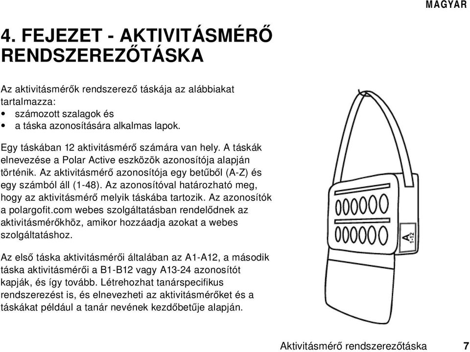 Az azonosítóval határozható meg, hogy az aktivitásmérő melyik táskába tartozik. Az azonosítók a polargofit.