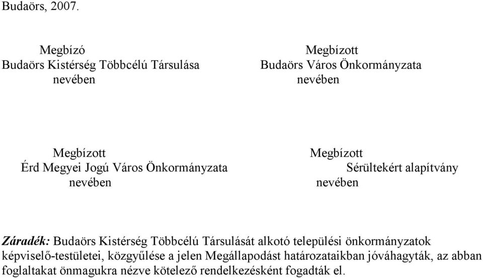 Jogú Város Önkormányzata Megbízott Sérültekért alapítvány Záradék: Budaörs Kistérség Többcélú