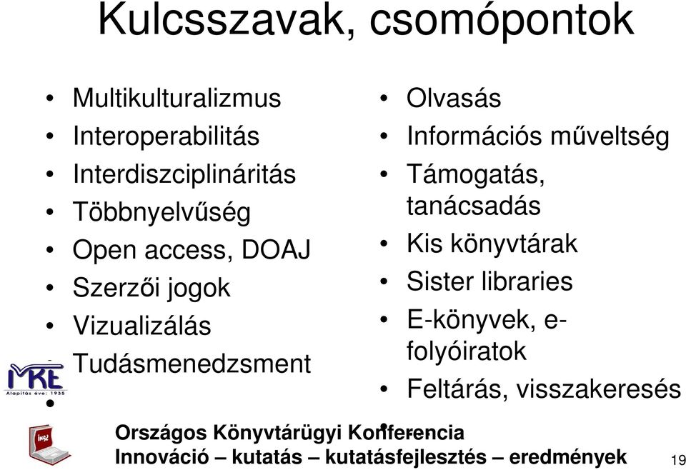 Vizualizálás Tudásmenedzsment Olvasás Információs mőveltség Támogatás,