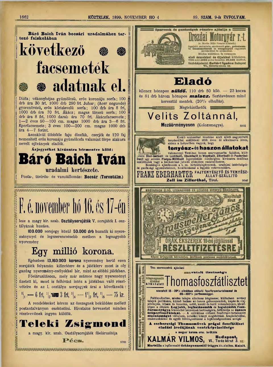 Ákácz; magas törzsű sorfa; 100 1 drb ára 8 frt, 1000 darab ára 70 frt. Ákáczfacsemete; I 1 2. éves 50 100 cm. magas 1000 drb ára 3 6 frt. Eperfacsemete; 3 éves 100 200 cm.