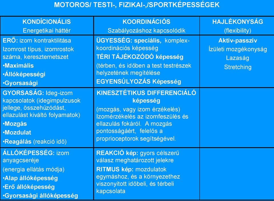 Alap állóképesség Erőállóképesség Gyorsasági állóképesség KOORDINÁCIÓS Szabályozáshoz kapcsolódik ÜGYESSÉG: speciális, komplexkoordinációs képesség TÉRI TÁJÉKOZÓDÓ képesség (térben, és időben a test