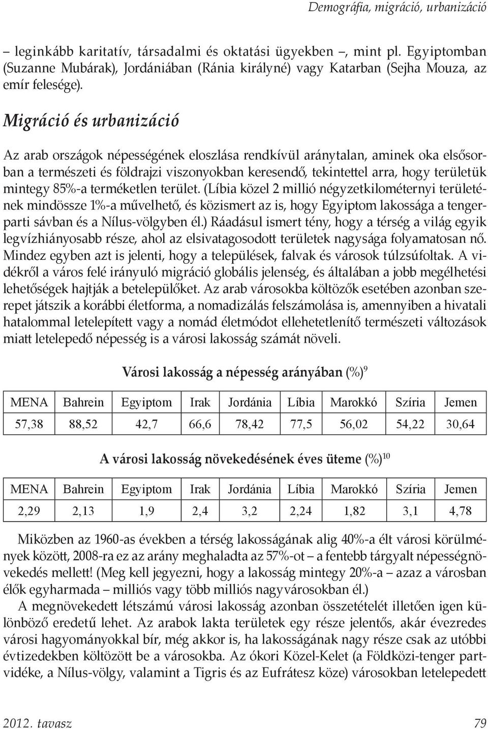 Migráció és urbanizáció Az arab országok népességének eloszlása rendkívül aránytalan, aminek oka elsősorban a természeti és földrajzi viszonyokban keresendő, tekintettel arra, hogy területük mintegy