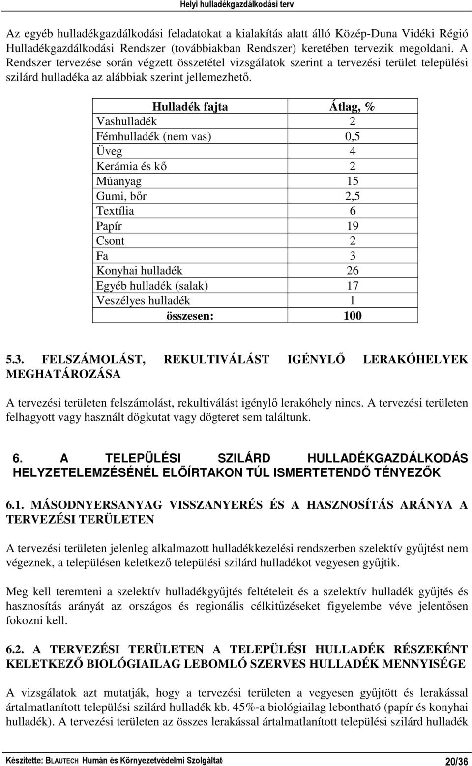 Hulladék fajta Átlag, % Vashulladék 2 Fémhulladék (nem vas) 0,5 Üveg 4 Kerámia és kı 2 Mőanyag 15 Gumi, bır 2,5 Textília 6 Papír 19 Csont 2 Fa 3 Konyhai hulladék 26 Egyéb hulladék (salak) 17