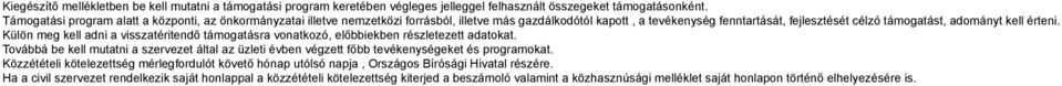 Külön meg kell adni a visszatéritendő támogatásra vonatkozó, előbbiekben részletezett adatokat. Továbbá be kell mutatni a szervezet által az üzleti évben végzett főbb tevékenységeket és programokat.