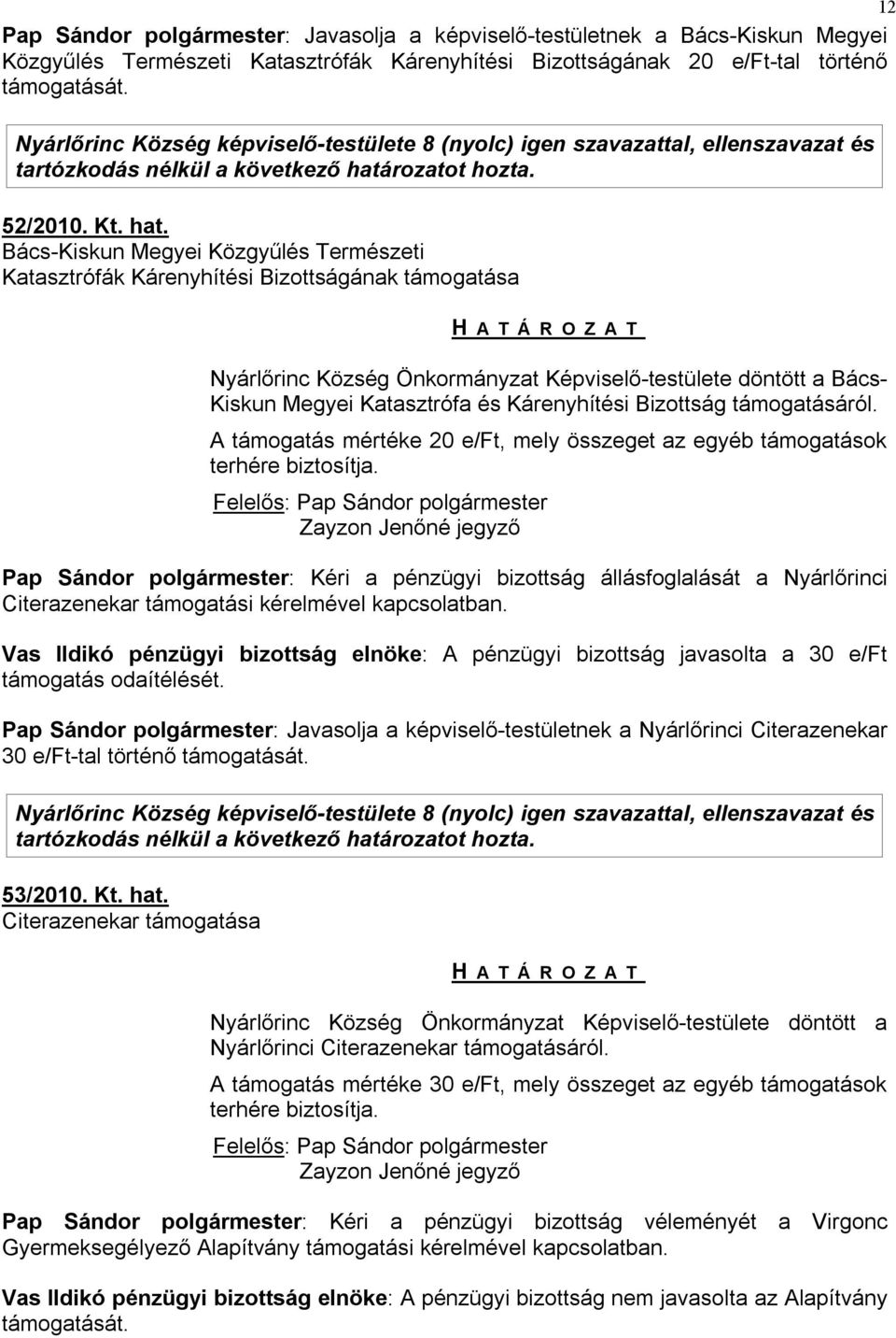 Bizottság támogatásáról. A támogatás mértéke 20 e/ft, mely összeget az egyéb támogatások terhére biztosítja.