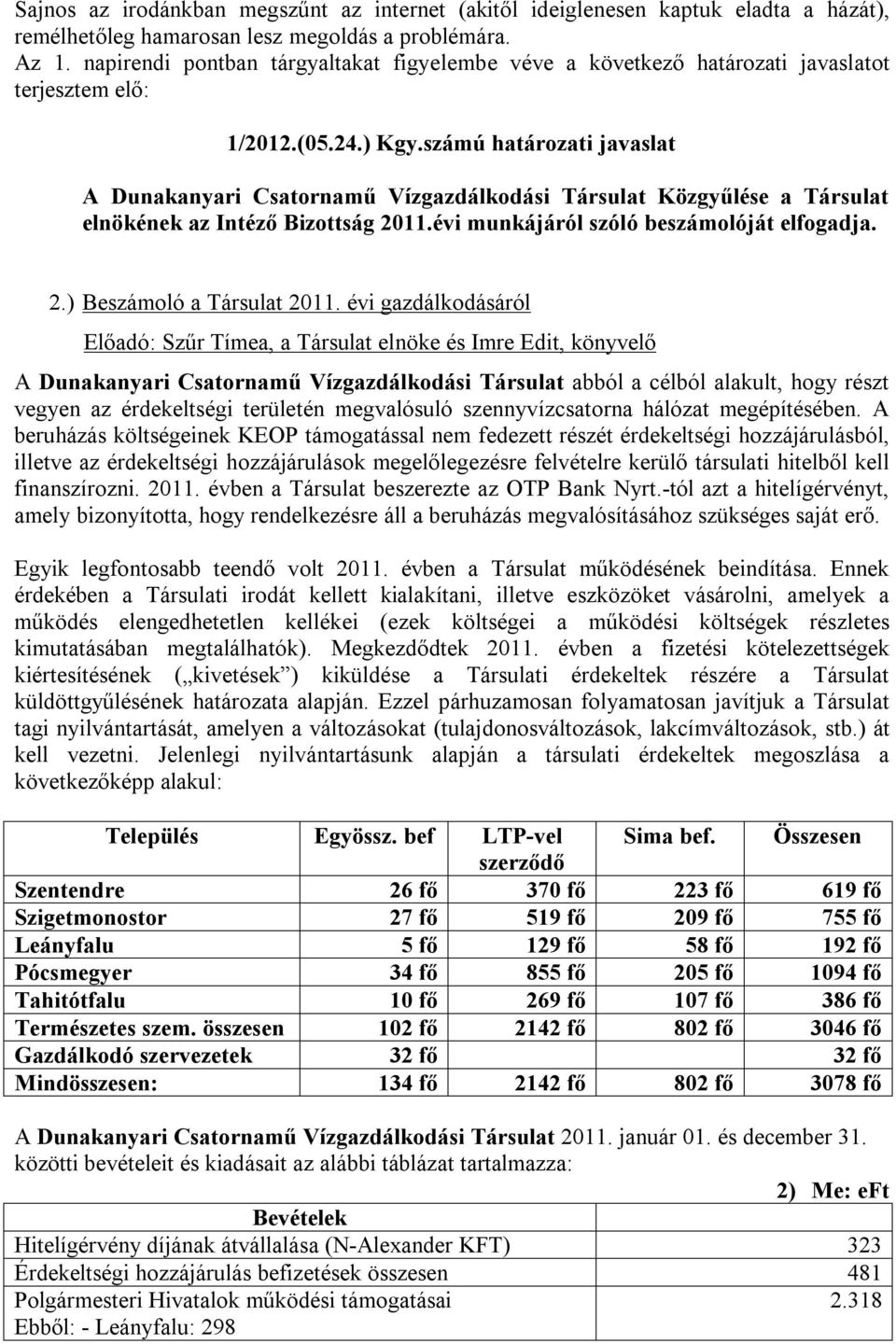 számú határozati javaslat A Dunakanyari Csatornamű Vízgazdálkodási Társulat Közgyűlése a Társulat elnökének az Intéző Bizottság 2011.évi munkájáról szóló beszámolóját elfogadja. 2.) Beszámoló a Társulat 2011.