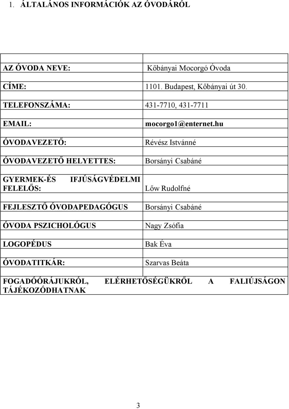 FEJLESZTŐ ÓVODAPEDAGÓGUS ÓVODA PSZICHOLÓGUS LOGOPÉDUS ÓVODATITKÁR: mocorgo1@enternet.