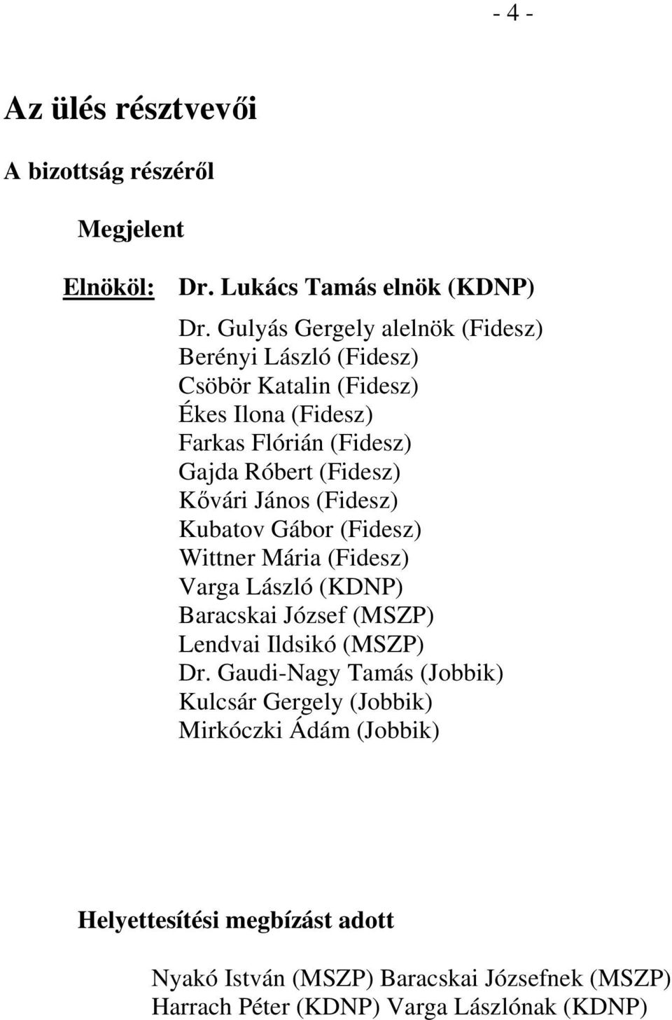 (Fidesz) Kővári János (Fidesz) Kubatov Gábor (Fidesz) Wittner Mária (Fidesz) Varga László (KDNP) Baracskai József (MSZP) Lendvai Ildsikó (MSZP)