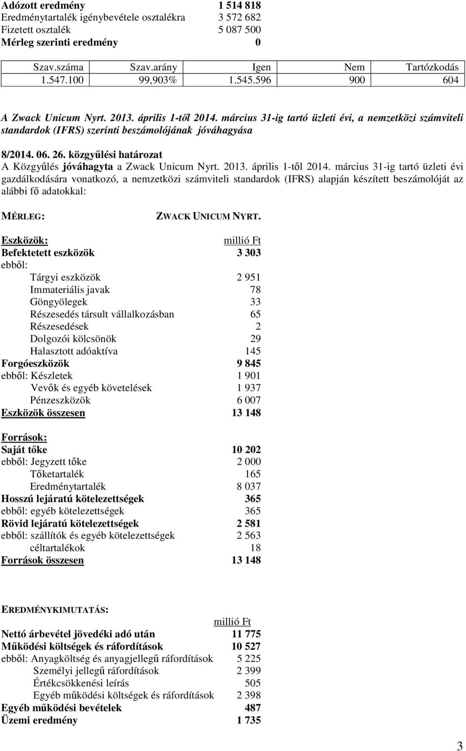 közgylési határozat A Közgylés jóváhagyta a Zwack Unicum Nyrt. 2013. április 1-tl 2014.