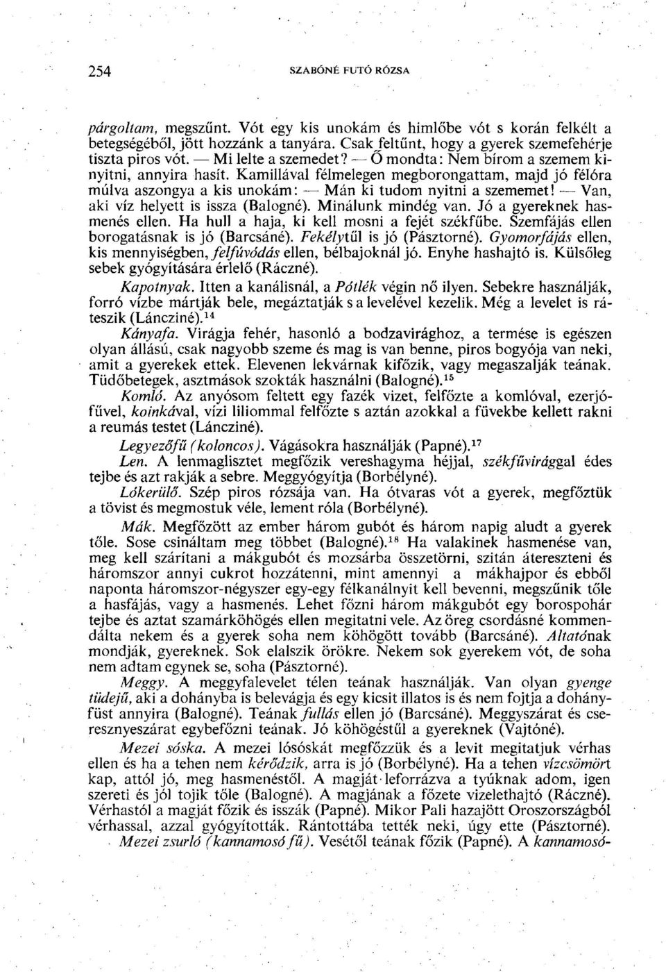 Van, aki víz helyett is issza (Balogné). Minálunk mindég van. Jó a gyereknek hasmenés ellen. Ha hull a haja, ki kell mosni a fejét székfűbe. Szemfájás ellen borogatásnak is jó (Barcsáné).