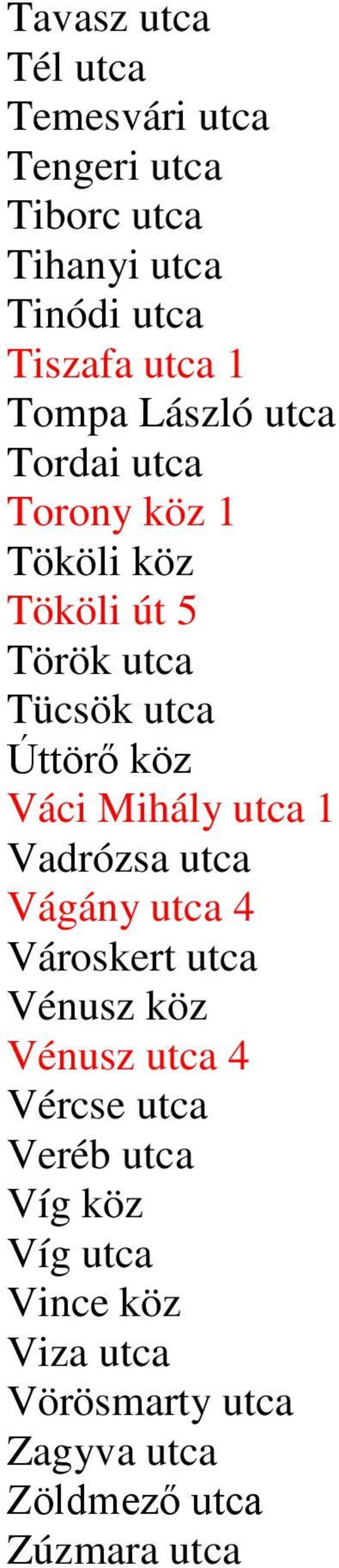 Váci Mihály utca 1 Vadrózsa utca Vágány utca 4 Városkert utca Vénusz köz Vénusz utca 4 Vércse utca