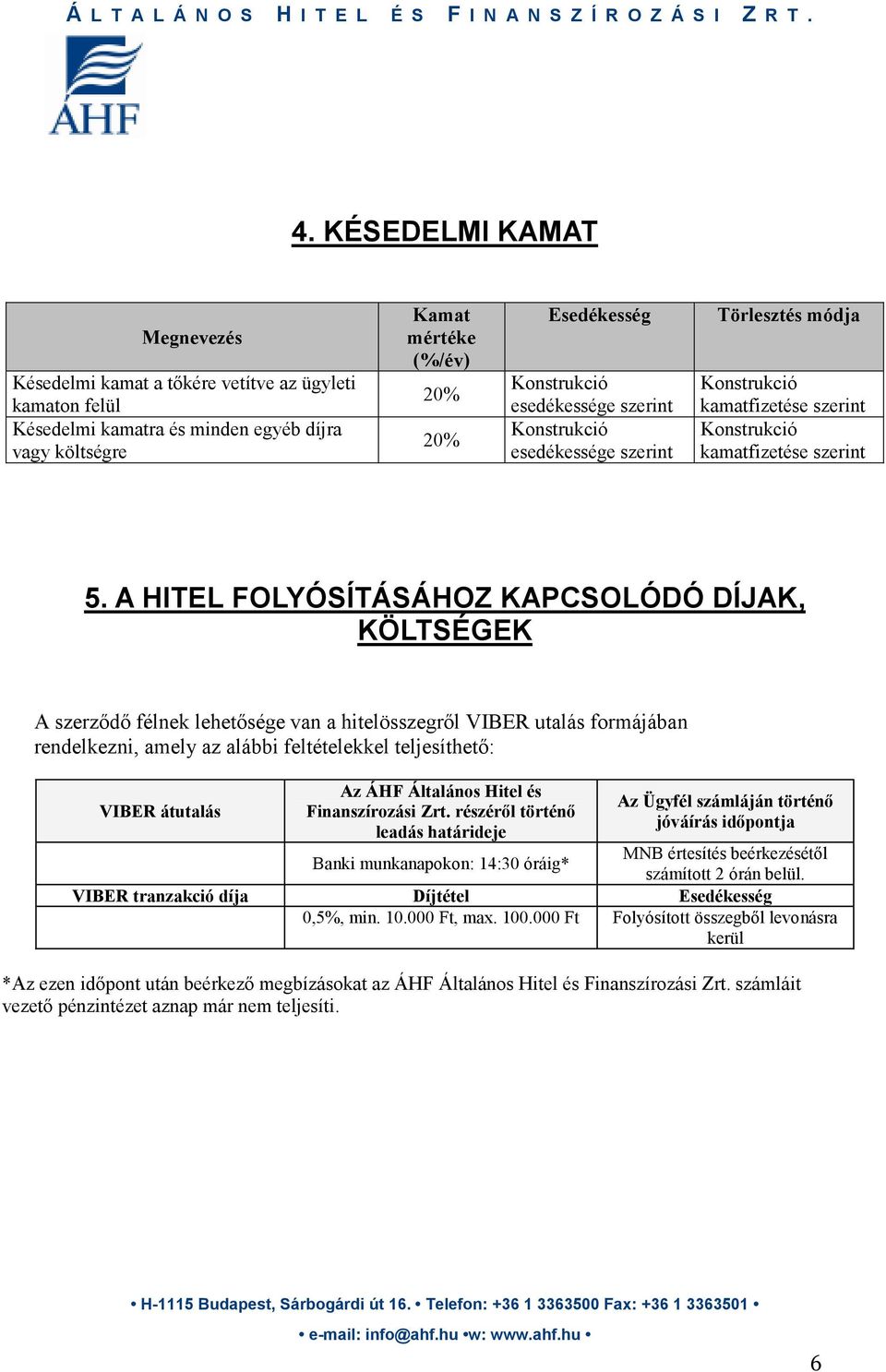 A HITEL FOLYÓSÍTÁSÁHOZ KAPCSOLÓDÓ DÍJAK, KÖLTSÉGEK A szerzıdı félnek lehetısége van a hitelösszegrıl VIBER utalás formájában rendelkezni, amely az alábbi feltételekkel teljesíthetı: VIBER átutalás Az