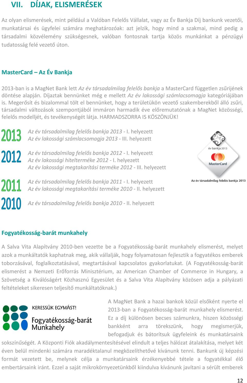 MasterCard Az Év Bankja 2013-ban is a MagNet Bank lett Az év társadalmilag felelős bankja a MasterCard független zsűrijének döntése alapján.