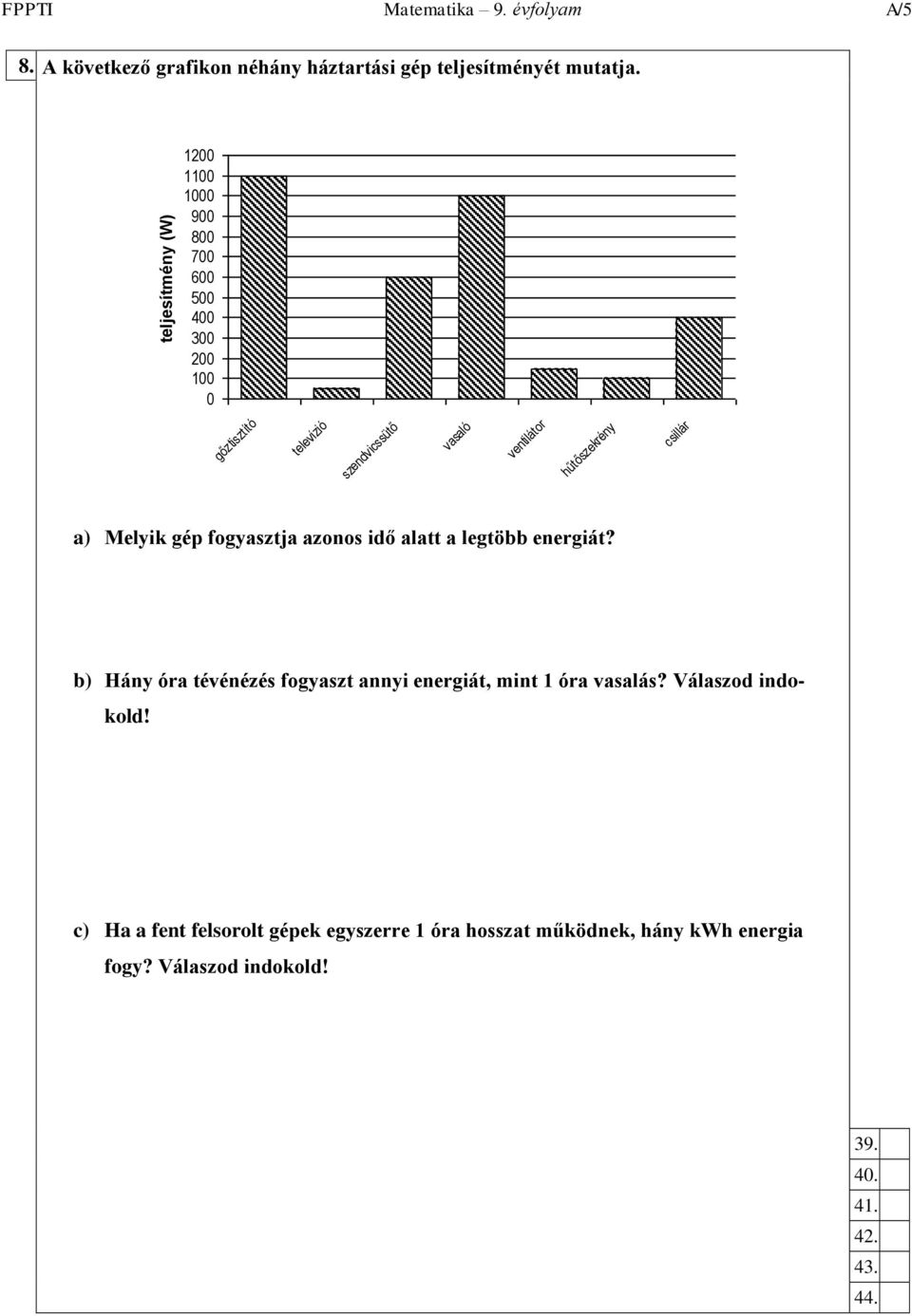 Melyik gép fogyasztja azonos idő alatt a legtöbb energiát? b) Hány óra tévénézés fogyaszt annyi energiát, mint 1 óra vasalás?