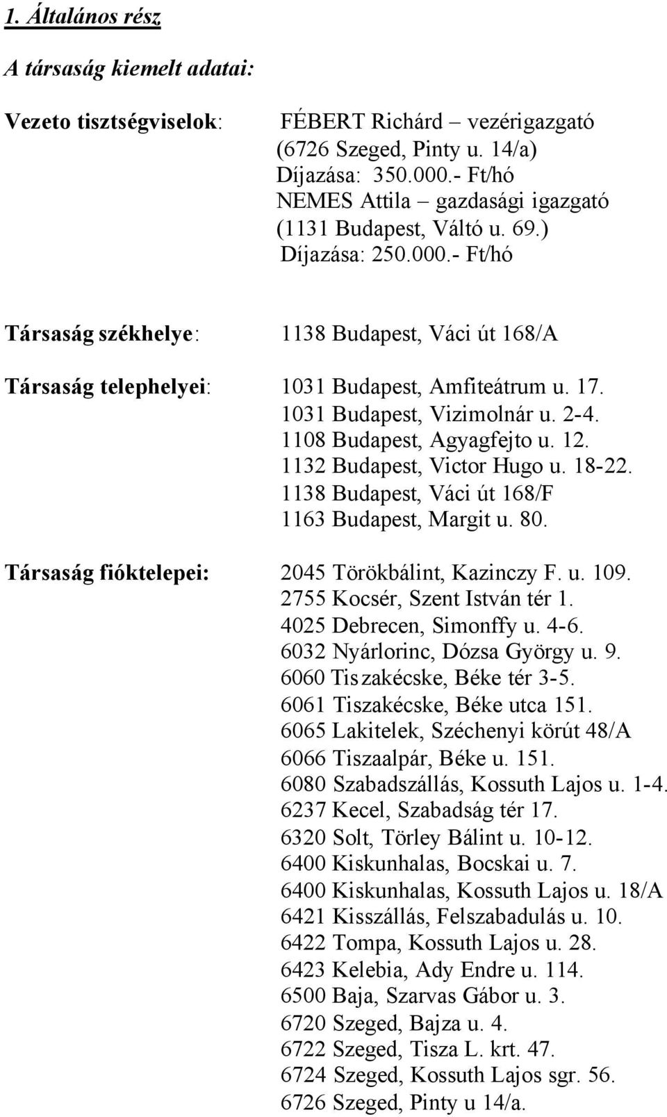 1031 Budapest, Vizimolnár u. 2-4. 1108 Budapest, Agyagfejto u. 12. 1132 Budapest, Victor Hugo u. 18-22. 1138 Budapest, Váci út 168/F 1163 Budapest, Margit u. 80.