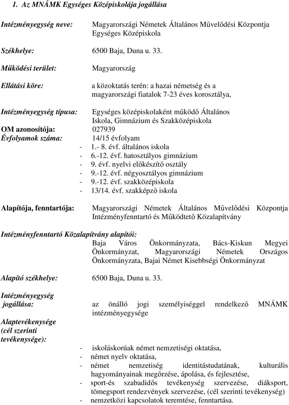 Egységes középiskolaként működő Általános Iskola, Gimnázium és Szakközépiskola 14/15 évfolyam - 1.- 8. évf. általános iskola - 6.-12. évf. hatosztályos gimnázium - 9. évf. nyelvi előkészítő osztály - 9.