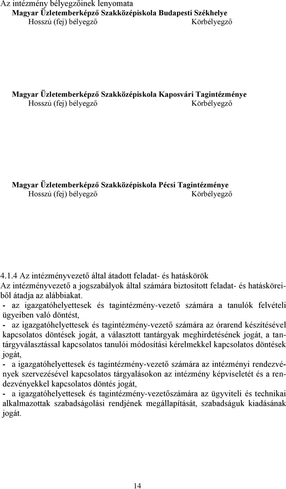 4 Az intézményvezető által átadott feladat- és hatáskörök Az intézményvezető a jogszabályok által számára biztosított feladat- és hatásköreiből átadja az alábbiakat.