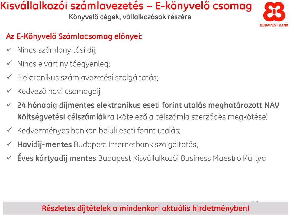 meghatározott NAV Költségvetési célszámlákra (kötelező a célszámla szerződés megkötése) Kedvezményes bankon belüli eseti forint utalás; Havidíj-mentes