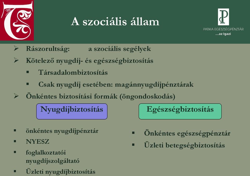 (öngondoskodás) Nyugdíjbiztosítás Egészségbiztosítás önkéntes nyugdíjpénztár NYESZ