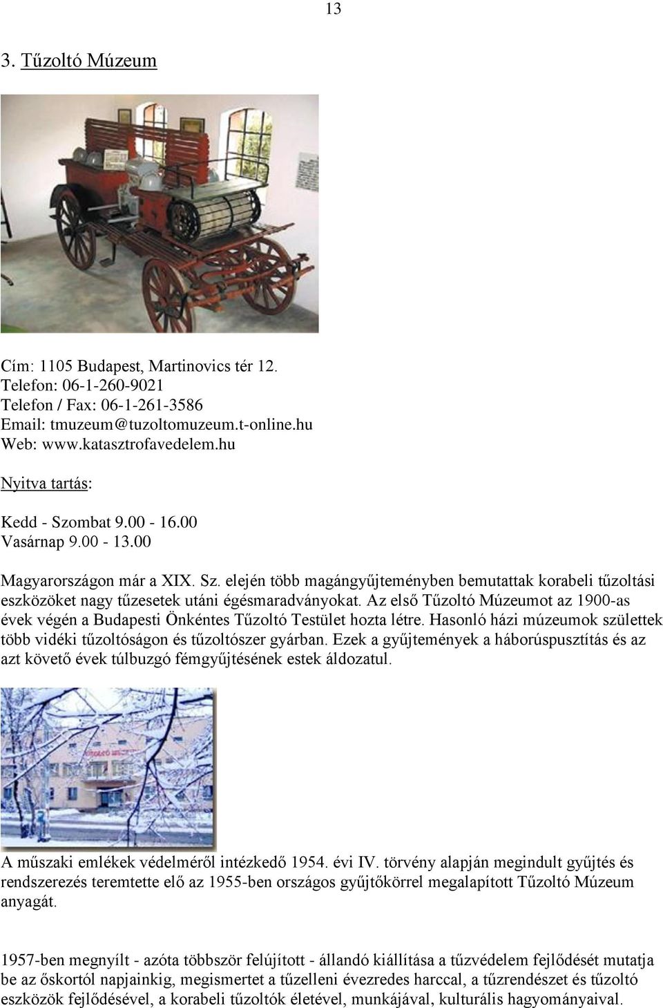 Az első Tűzoltó Múzeumot az 1900-as évek végén a Budapesti Önkéntes Tűzoltó Testület hozta létre. Hasonló házi múzeumok születtek több vidéki tűzoltóságon és tűzoltószer gyárban.