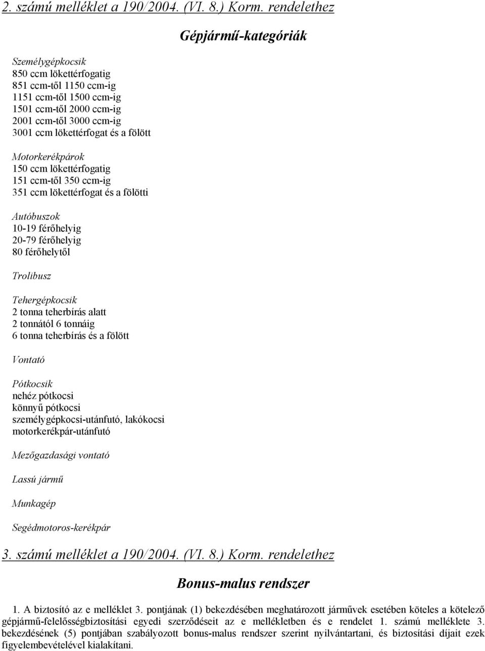 Motorkerékpárok 150 ccm lökettérfogatig 151 ccm-től 350 ccm-ig 351 ccm lökettérfogat és a fölötti Autóbuszok 10-19 férőhelyig 20-79 férőhelyig 80 férőhelytől Trolibusz Tehergépkocsik 2 tonna