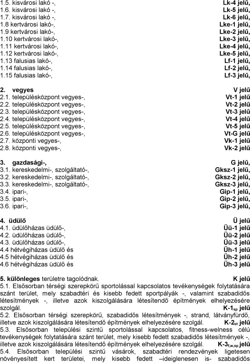 15 falusias lakó-, Lf-3 jelű, 2. vegyes V jelű 2.1. településközpont vegyes-, Vt-1 jelű 2.2. településközpont vegyes-, Vt-2 jelű 2.3. településközpont vegyes-, Vt-3 jelű 2.4.