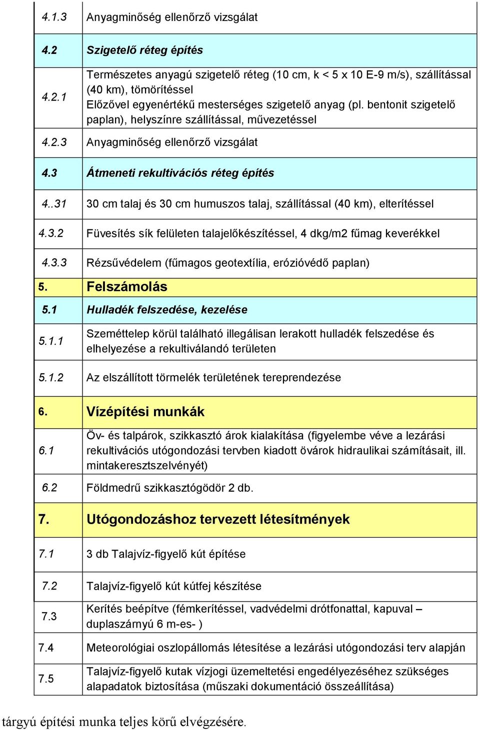 .31 30 cm talaj és 30 cm humuszos talaj, szállítással (40 km), elterítéssel 4.3.2 Füvesítés sík felületen talajelőkészítéssel, 4 dkg/m2 fűmag keverékkel 4.3.3 Rézsűvédelem (fűmagos geotextília, erózióvédő paplan) 5.