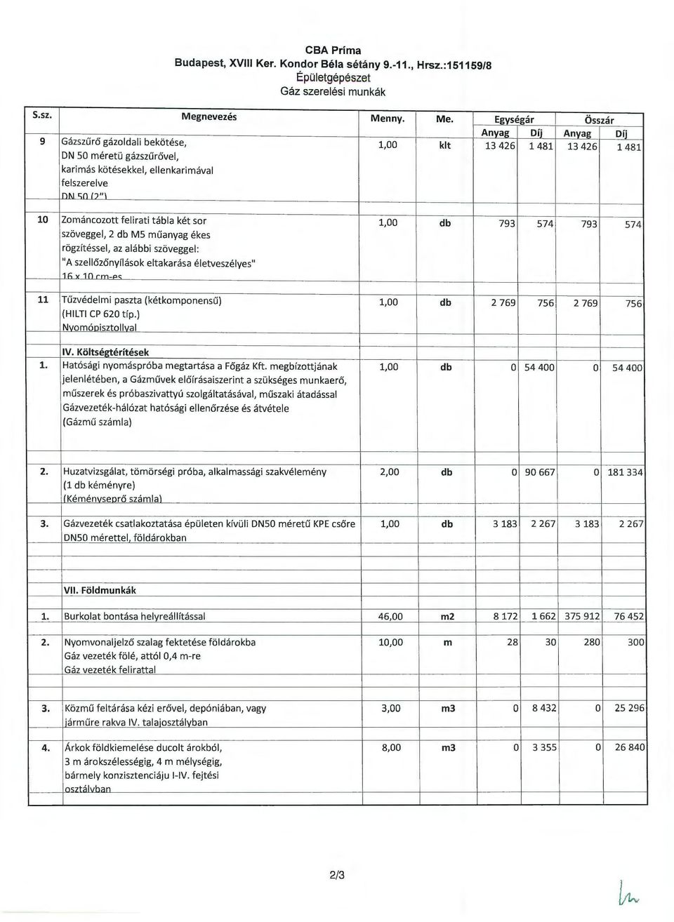 "1 Összár Anyag Díj 13 426 1481 10 Zománcozott felirati tábla két sor 1,00 db 793 574 szöveggel, 2 db M5 műanyag ékes rögzítéssel, az alábbi szöveggel : "A szellőzőnyílások eltakarása életveszélyes"