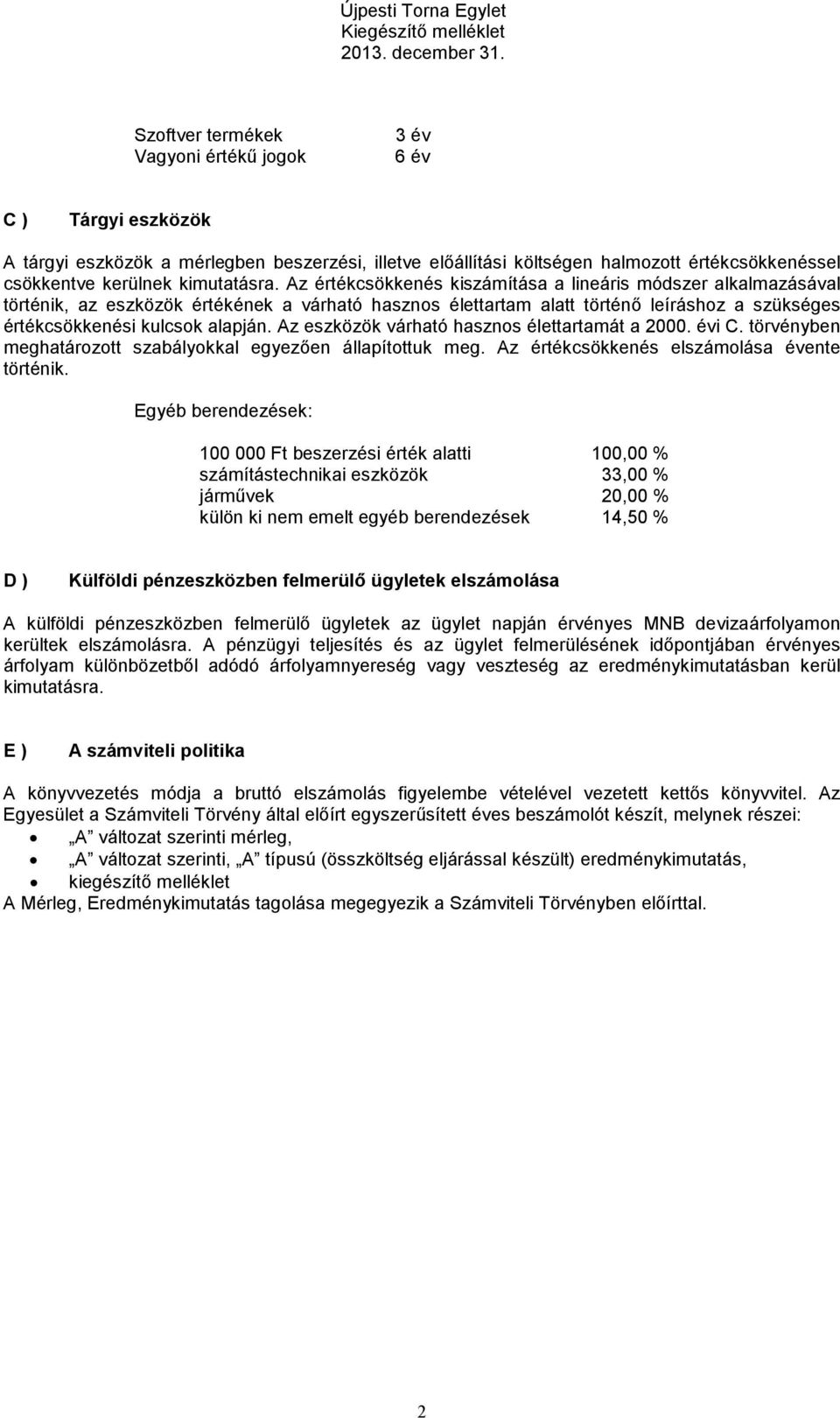 Az értékcsökkenés kiszámítása a lineáris módszer alkalmazásával történik, az eszközök értékének a várható hasznos élettartam alatt történő leíráshoz a szükséges értékcsökkenési kulcsok alapján.