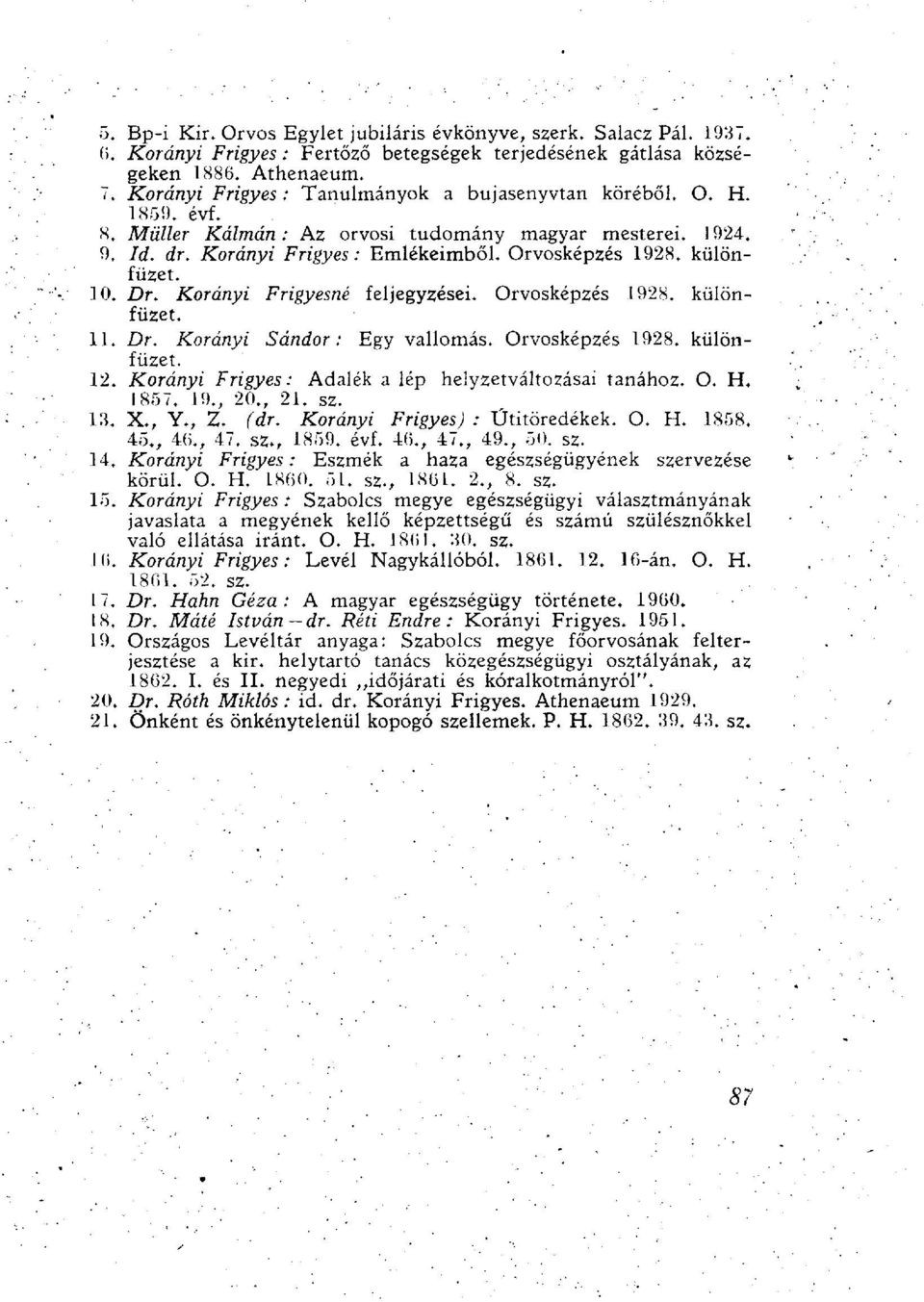 különfüzet. 10. Dr. Korányi Frigyesné feljegyzései. Orvosképzés 1928. különfüzet. 11. Dr. Korányi Sándor: Egy vallomás. Orvosképzés 1928. különfüzet. 12.