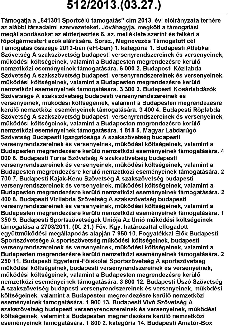 Budapesti Atlétikai nemzetközi eseményeinek támogatására. 6 000 2. Budapesti Kézilabda nemzetközi eseményeinek támogatására. 3 300 3.