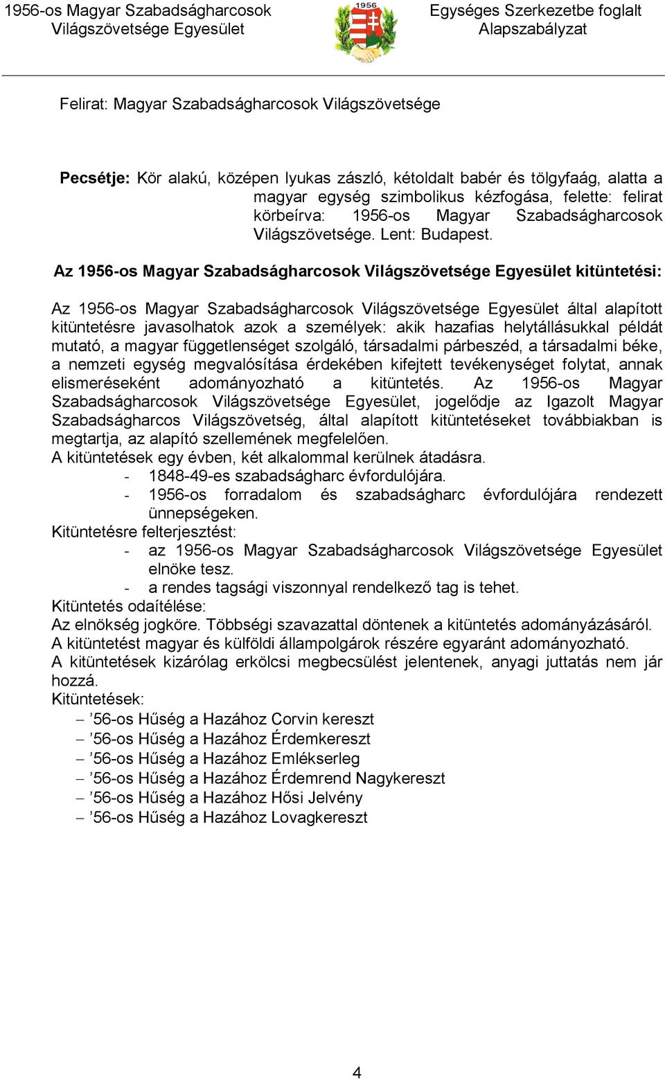 Az 1956-os Magyar Szabadságharcosok kitüntetési: Az 1956-os Magyar Szabadságharcosok által alapított kitüntetésre javasolhatok azok a személyek: akik hazafias helytállásukkal példát mutató, a magyar