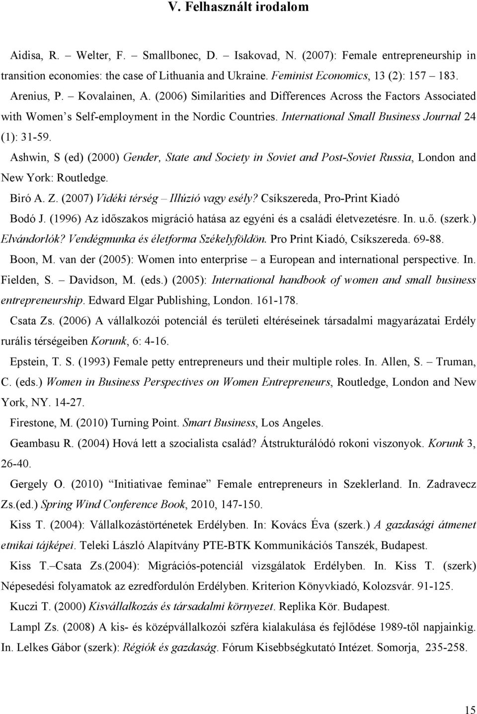 International Small Business Journal 24 (1): 31-59. Ashwin, S (ed) (2000) Gender, State and Society in Soviet and Post-Soviet Russia, London and New York: Routledge. Biró A. Z.