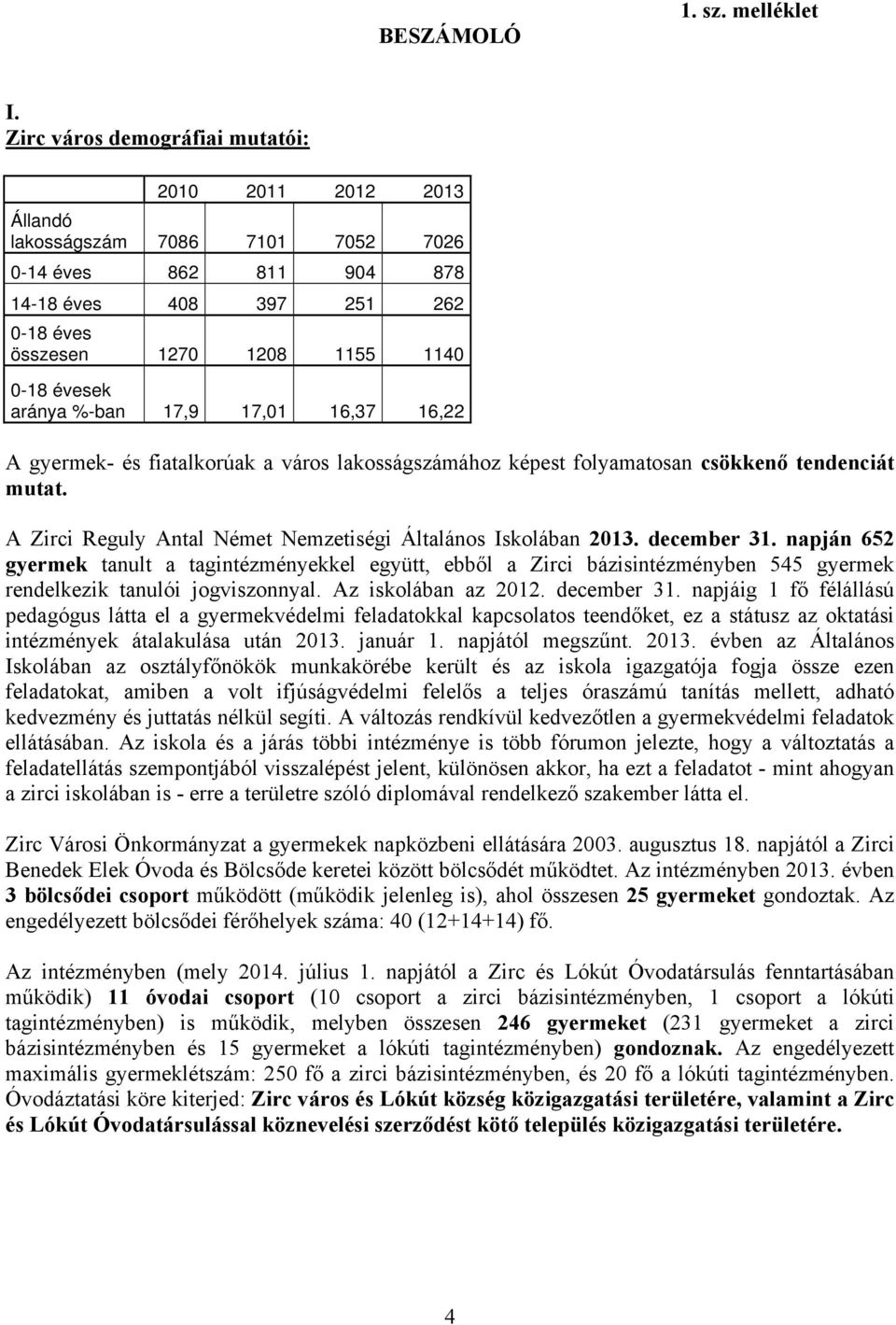 aránya %-ban 17,9 17,01 16,37 16,22 A gyermek- és fiatalkorúak a város lakosságszámához képest folyamatosan csökkenő tendenciát mutat. A Zirci Reguly Antal Német Nemzetiségi Általános Iskolában 2013.