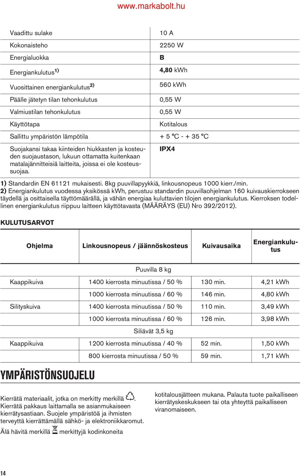 ei ole kosteussuojaa. IPX4 ) Standardin EN 6 mukaisesti. 8kg puuvillapyykkiä, linkousnopeus 000 kierr./min.