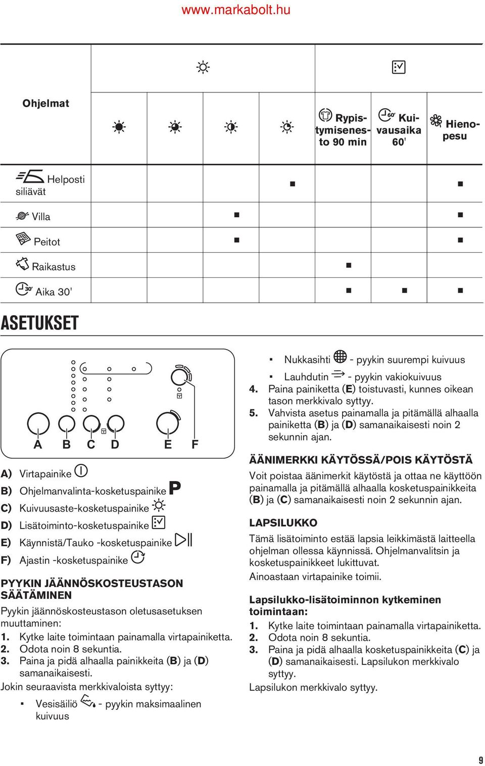 oletusasetuksen muuttaminen:. Kytke laite toimintaan painamalla virtapainiketta.. Odota noin 8 sekuntia. 3. Paina ja pidä alhaalla painikkeita (B) ja (D) samanaikaisesti.