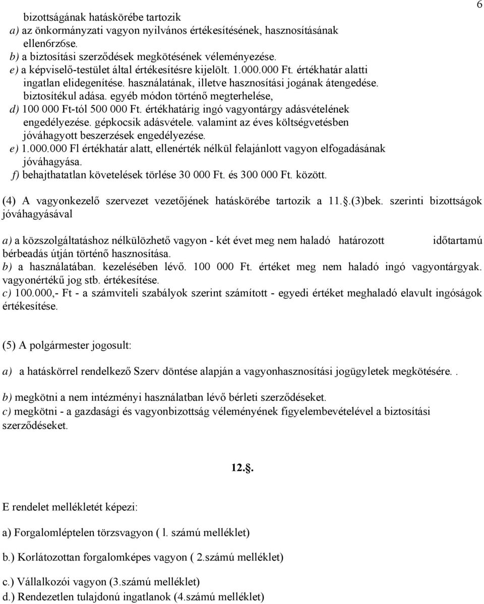 egyéb módon történő megterhelése, d) 100 000 Ft-tól 500 000 Ft. értékhatárig ingó vagyontárgy adásvételének engedélyezése. gépkocsik adásvétele.