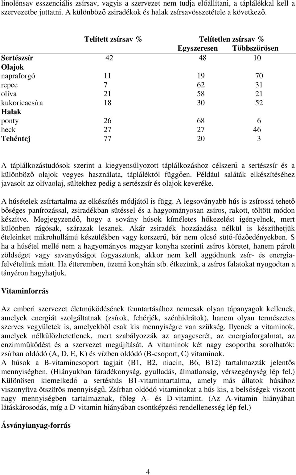 Tehéntej 77 20 3 A táplálkozástudósok szerint a kiegyensúlyozott táplálkozáshoz célszerő a sertészsír és a különbözı olajok vegyes használata, tápláléktól függıen.