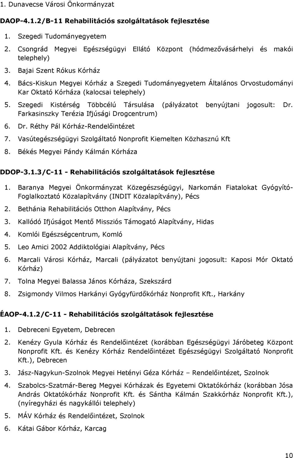 Bács-Kiskun Megyei Kórház a Szegedi Tudományegyetem Általános Orvostudományi Kar Oktató Kórháza (kalocsai telephely) 5. Szegedi Kistérség Többcélú Társulása (pályázatot benyújtani jogosult: Dr.