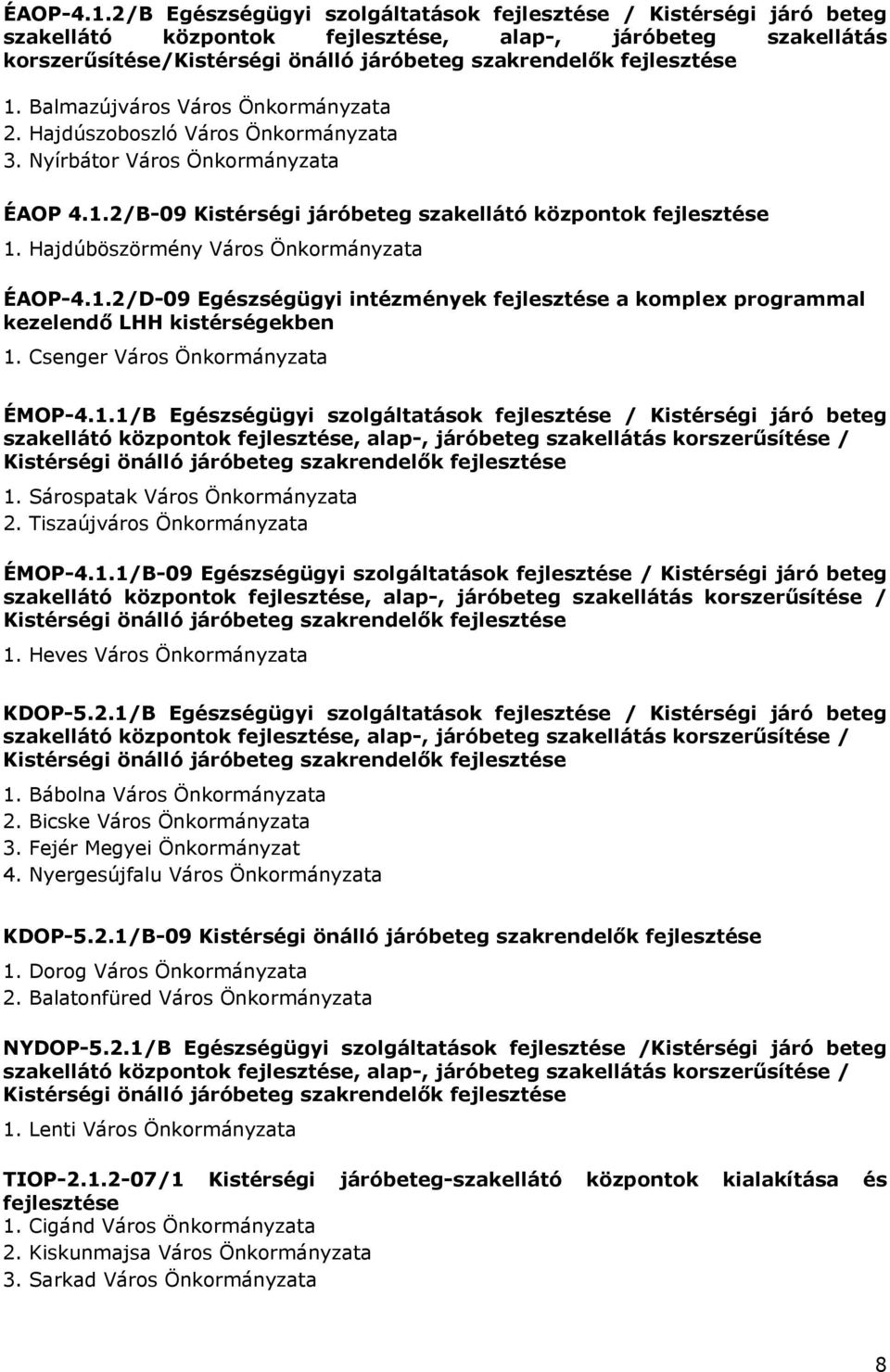 1. Balmazújváros Város Önkormányzata 2. Hajdúszoboszló Város Önkormányzata 3. Nyírbátor Város Önkormányzata ÉAOP 4.1.2/B-09 Kistérségi járóbeteg szakellátó központok fejlesztése 1.