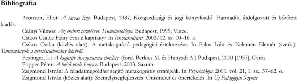 In Falus Iván és Kelemen Elemér (szerk.): Tanulmányok a neveléstudomány köréből. Festinger, L.: A kognitív disszonancia elmélete. (ford. Berkics M. és Hunyadi A.) Budapest, 2000 [1957], Osiris.