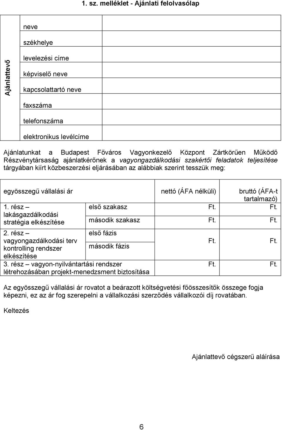 Zártkörűen Működő Részvénytársaság ajánlatkérőnek a vagyongazdálkodási szakértői feladatok teljesítése tárgyában kiírt közbeszerzési eljárásában az alábbiak szerint tesszük meg: egyösszegű vállalási