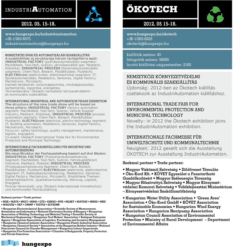 járműbeszállító ipar, Meditech, Robotika), INDUSTRIAL PROCESS (folyamatautomatizálási szegmens: Chem-Tech, Biotech, Plast&Rubber, Fluidtech), ELECTROcom (elektronikai, elektrotechnikai szegmens: IT,