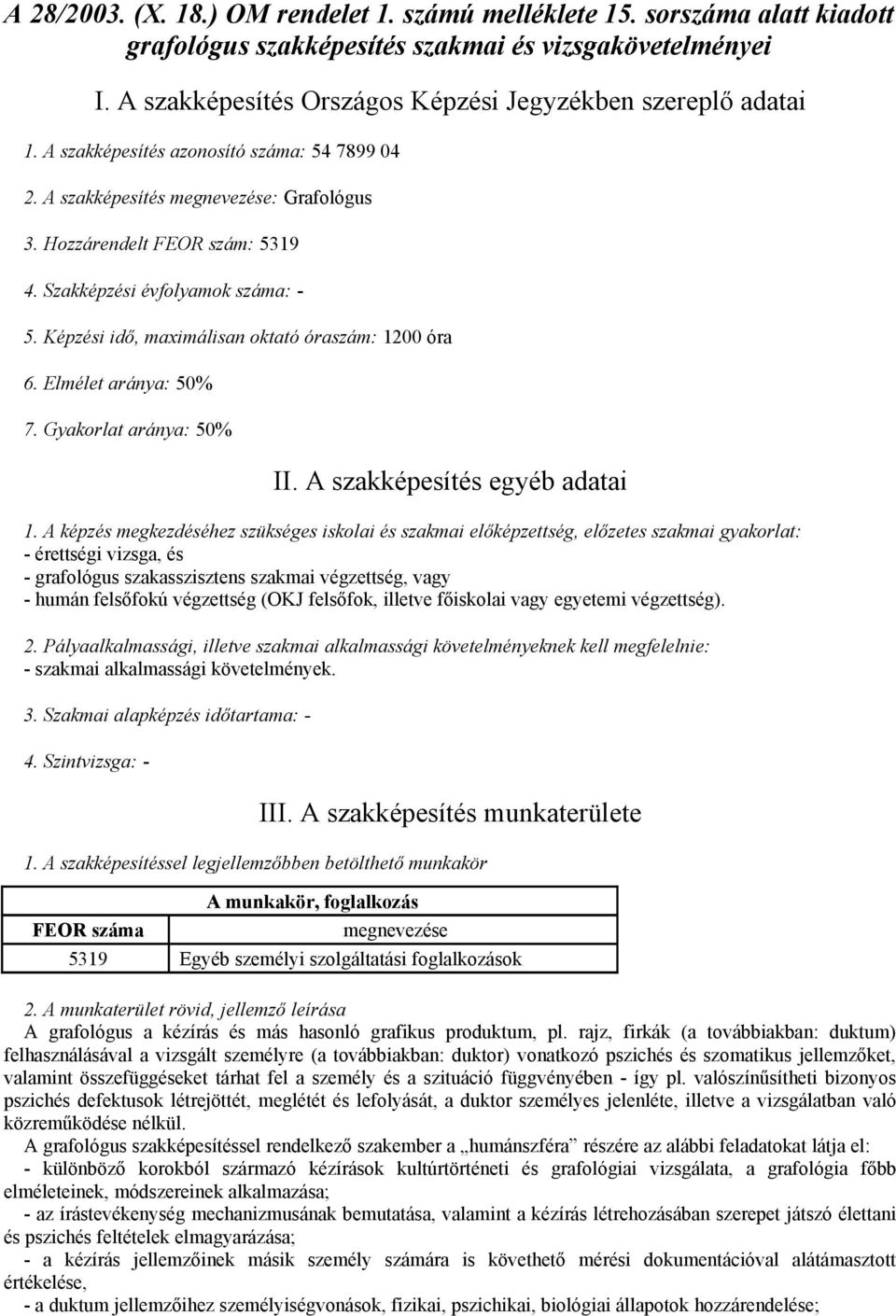 Képzési idő, maximálisan oktató óraszám: 1200 óra 6. Elmélet aránya: 50% 7. Gyakorlat aránya: 50% II. A szakképesítés egyéb adatai 1.