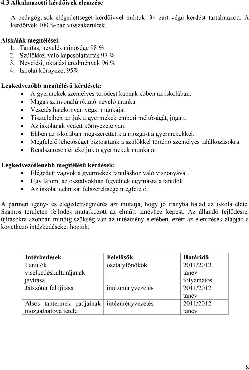 Iskolai környezet 95% Legkedvezőbb megítélésű kérdések: A gyermekek személyes törődést kapnak ebben az iskolában. Magas színvonalú oktató-nevelő munka. Vezetés hatékonyan végzi munkáját.