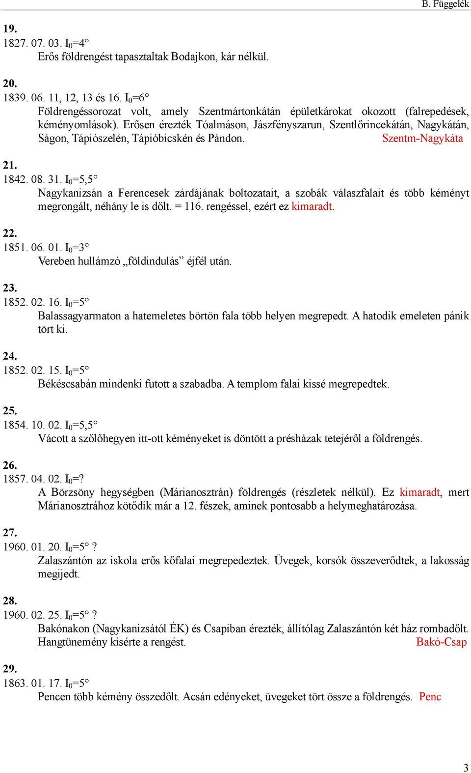 Erősen érezték Tóalmáson, Jászfényszarun, Szentlőrincekátán, Nagykátán, Ságon, Tápiószelén, Tápióbicskén és Pándon. Szentm-Nagykáta 21. 1842. 08. 31.