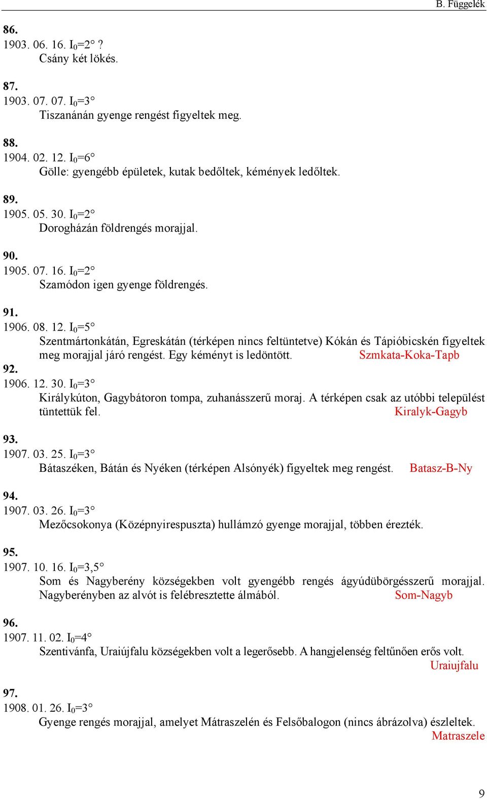 I 0 =5 Szentmártonkátán, Egreskátán (térképen nincs feltüntetve) Kókán és Tápióbicskén figyeltek meg morajjal járó rengést. Egy kéményt is ledöntött. Szmkata-Koka-Tapb 92. 1906. 12. 30.