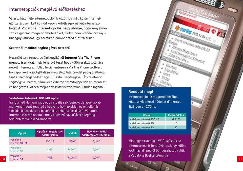 Szeretnél mobilod segítségével netezni? Használd az internetopcióink egyikét új Internet Via The Phone megoldásunkkal, mely lehetôvé teszi, hogy külön eszköz vásárlása nélkül internetezz.